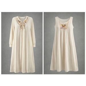 Vintage JCPenney Cream Nylon Nightgown and Robe Set Embroidered Floral Large